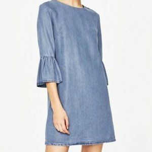 ZARA bell sleeve dress chambray • blue • S